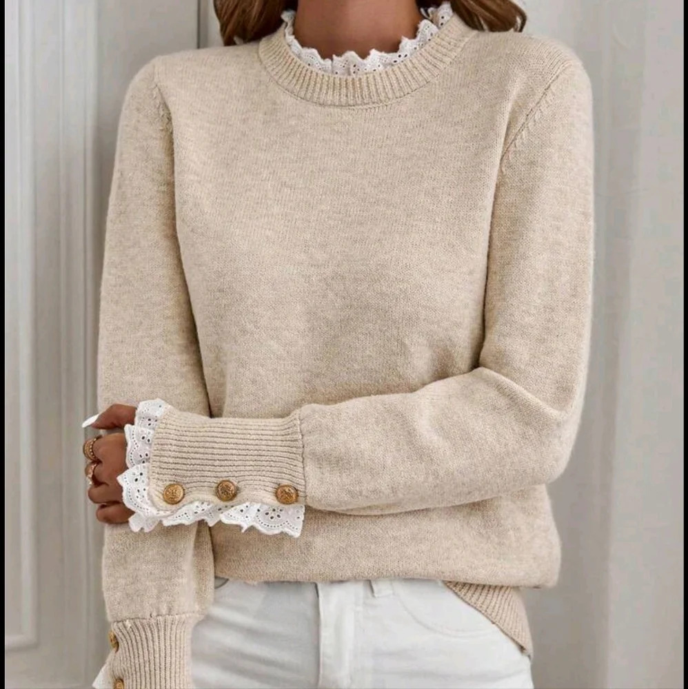 Women's Apricot Floral Trim Crew Neck Long Sleeve Knitted Sweater - Picture 4 of 6